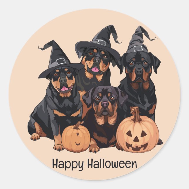 Sticker Rond Joyeux chien Rottweiler Halloween Jack-o'-lantern (Devant)
