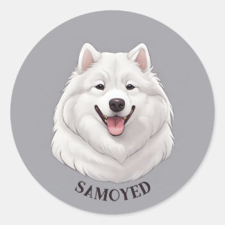 Sticker Rond Joyeux Chien Samoyé Blanc