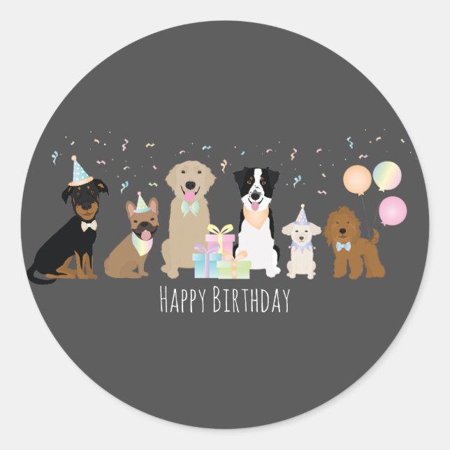 Sticker Rond Joyeux Chiens de fête d'anniversaire (Devant)
