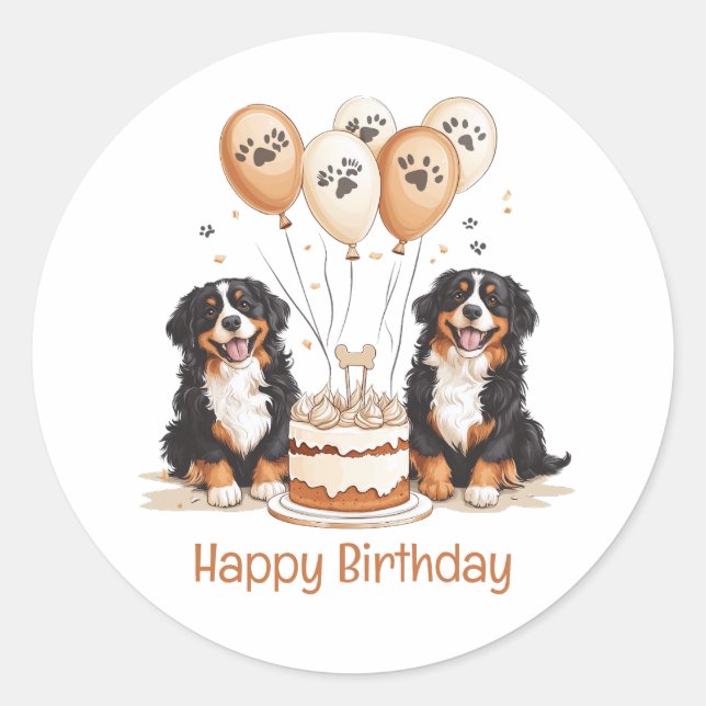 Sticker Rond Joyeux Chiens de montagne bernois d'anniversaire (Devant)