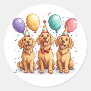Sticker Rond Joyeux Chiens d'or d'excursion d'anniversaire