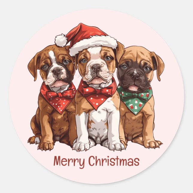Sticker Rond Joyeux Chiens en boîte de Noël (Devant)