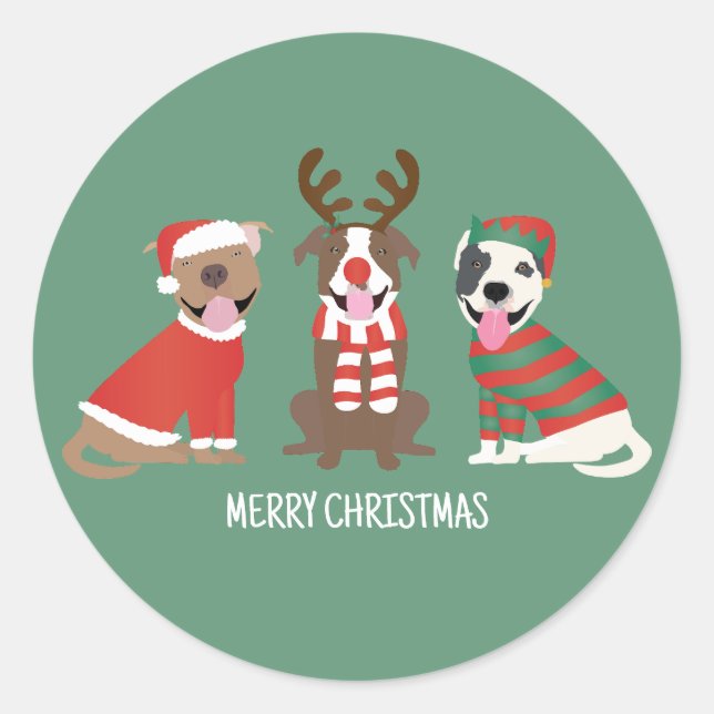 Sticker Rond Joyeux Chiens taureaux de marque de Noël (Devant)