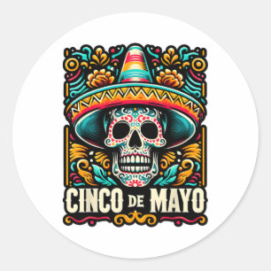 Sticker Rond Joyeux Cinco De Mayo Skeleton Skull Sombrero Mexic