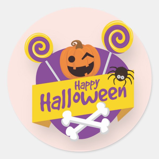 Sticker Rond Joyeux Citrouille d'Halloween et araignée | Scelle (Devant)