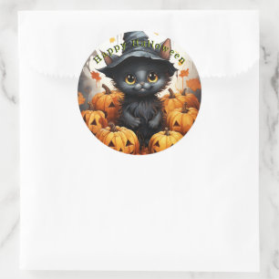 Sticker Rond Joyeux Citrouilles de Chat Noir Halloween