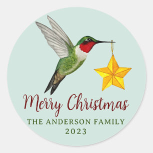 Sticker Rond Joyeux colibri de Noël personnalisé et étoile