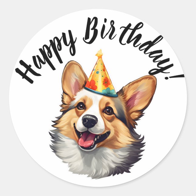 Sticker Rond Joyeux cône d'anniversaire Corgi (Devant)
