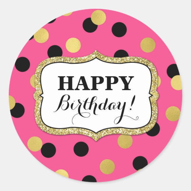 Sticker Rond Joyeux Confetti d'or noir rose Anniversaire (Devant)