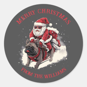 Sticker Rond Joyeux Cool de Noël Santa Claus French Bulldog