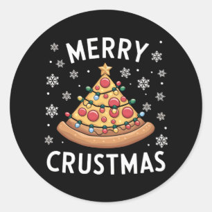 Sticker Rond Joyeux Crustmas Pizza Noël Arbre de Noël Cadeaux