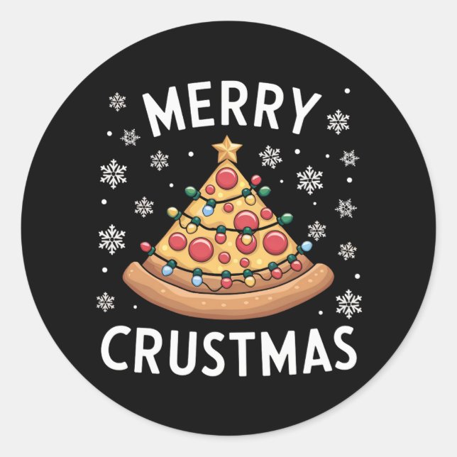 Sticker Rond Joyeux Crustmas Pizza Noël Arbre de Noël Cadeaux (Devant)