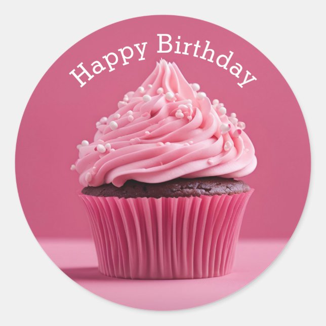 Sticker Rond Joyeux Cupcakes Anniversaire Paste Rose Round Stic (Devant)