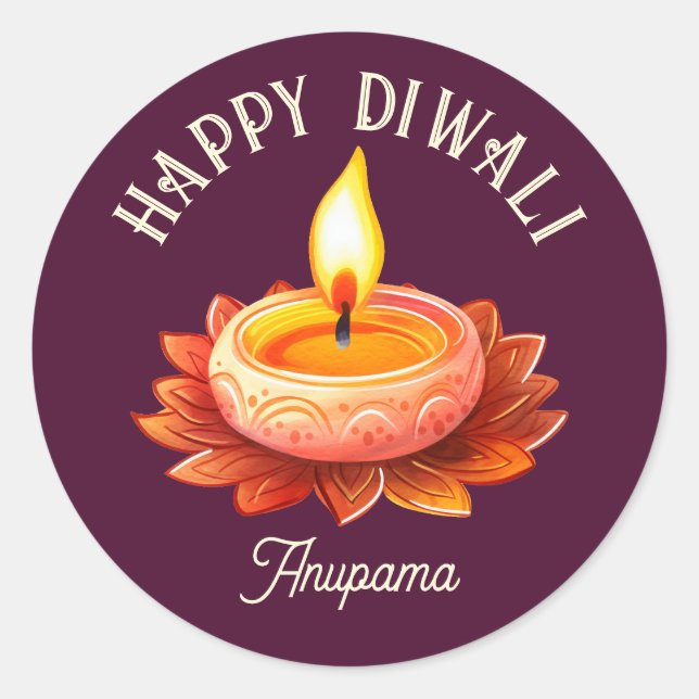 Sticker Rond Joyeux Diwali Elegant Diya Lamp personnalisable (Devant)