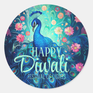Sticker Rond Joyeux Diwali Festival des lumières Peacock