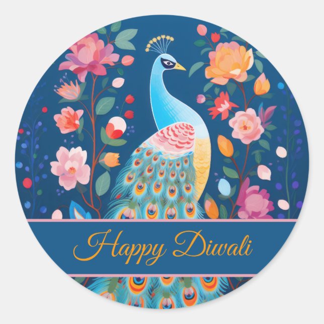 Sticker Rond Joyeux Diwali Peacock & Flowers (Devant)