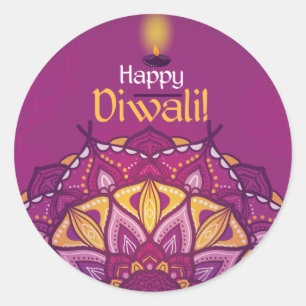 Sticker Rond Joyeux diwali violet rangoli ornemental
