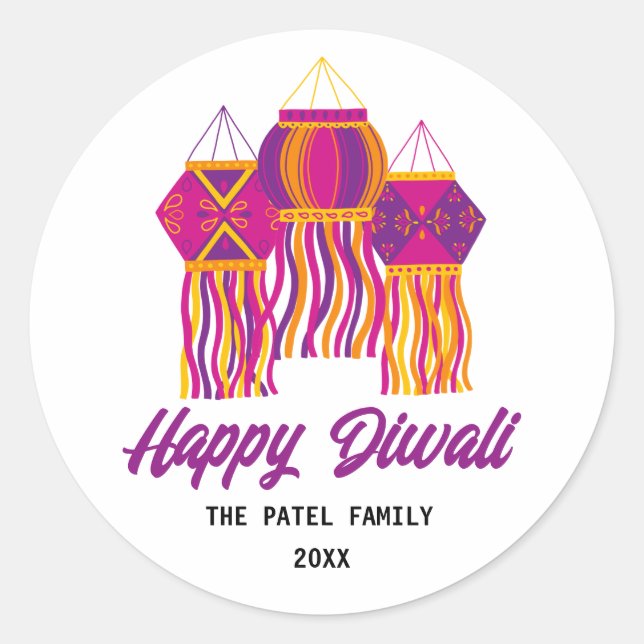Sticker Rond Joyeux Diwali violet rose jaune lanterne personnal (Devant)