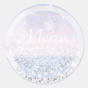 Sticker Rond Joyeux Du Nom De Famille Snowflakes Parties scinti