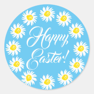 Sticker Rond Joyeux Easter ciel bleu script mignon marguerite j