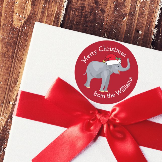 Sticker Rond Joyeux éléphant de Noël à Santa Hat Rouge mignon (Créateur téléchargé)