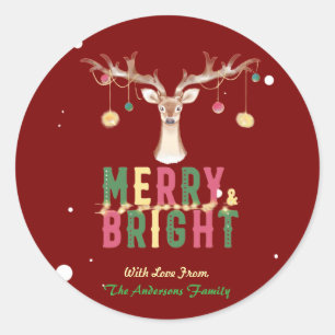 Sticker Rond Joyeux et brillant Cute Reindeer ornements de Noël