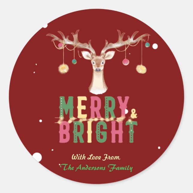 Sticker Rond Joyeux et brillant Cute Reindeer ornements de Noël (Devant)