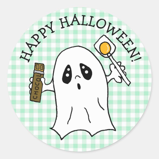 Sticker Rond Joyeux Fantôme d'Halloween avec bonbon