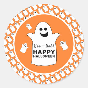 Sticker Rond Joyeux Fantôme, fête d'Halloween orange
