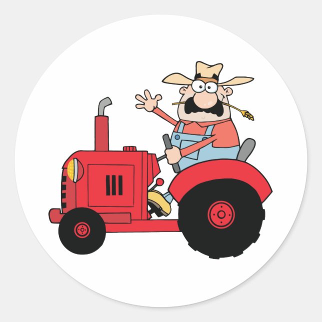 Sticker Rond Joyeux Fermier En Tracteur Rouge En Salutation (Devant)