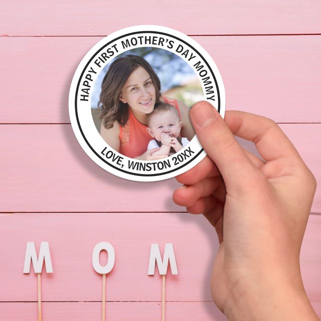 Sticker Rond Joyeux Fête des Mères Maman Photo et Texte personn (Créateur téléchargé)