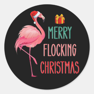 Sticker Rond Joyeux flocage Noël Funny Flamant rose Vacances