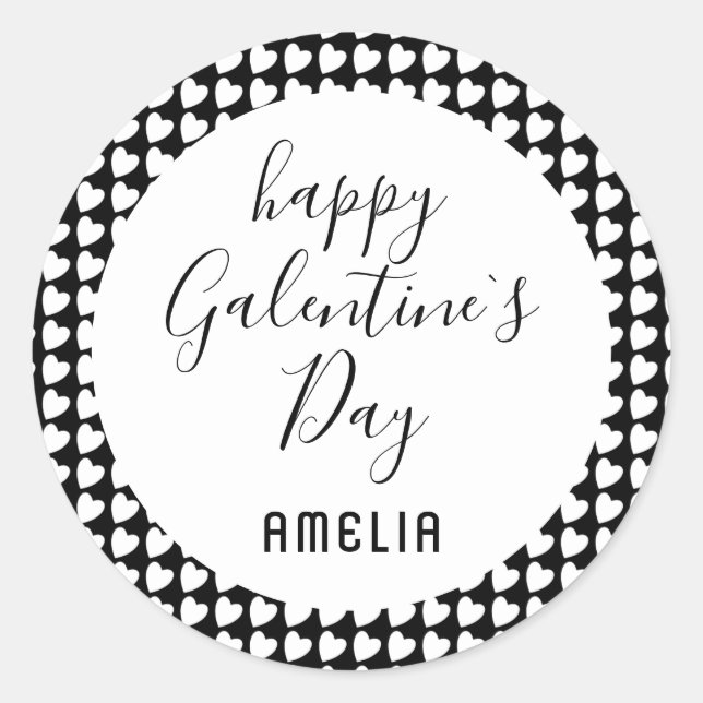 Sticker Rond Joyeux Galentine`s Day Coeur noir et blanc (Devant)