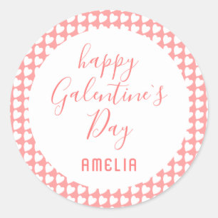 Sticker Rond Joyeux Galentine`s Day rose Motif de coeur blanc C