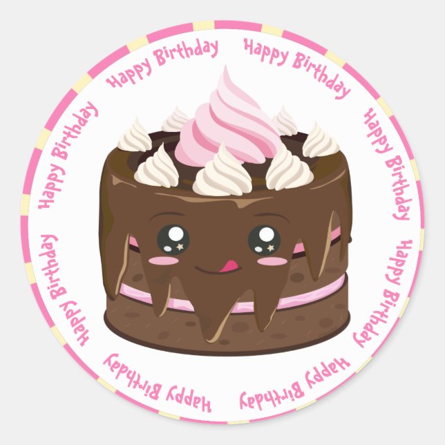 Sticker Rond Joyeux gâteau au chocolat kawaii anniversaire (Devant)