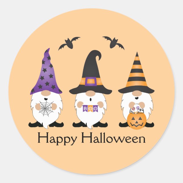 Sticker Rond Joyeux Gnomes d'Halloween violet orange (Devant)