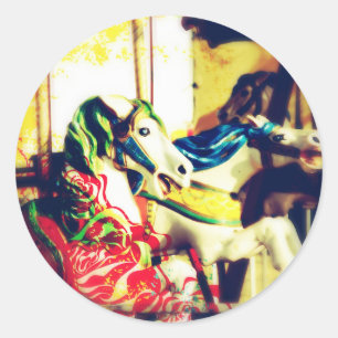 Sticker Rond Joyeux-Go-Round Horses Été Art numérique Flashback