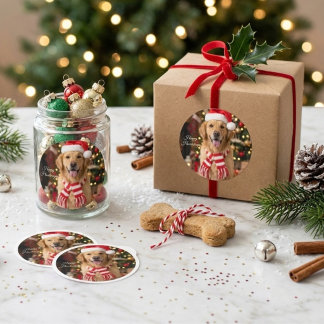 Sticker Rond Joyeux Golden Retriever Mignon Chien de Noël