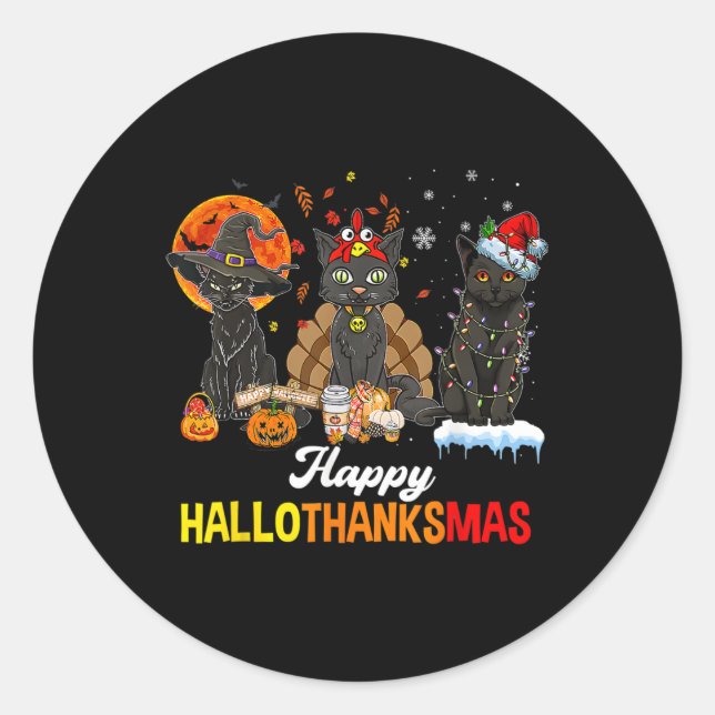 Sticker Rond Joyeux Hallothanksmas Chat Noir Halloween Thanksgi (Devant)