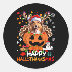 Sticker Rond Joyeux Hallothanksmas Shetland Sheepdog Chien