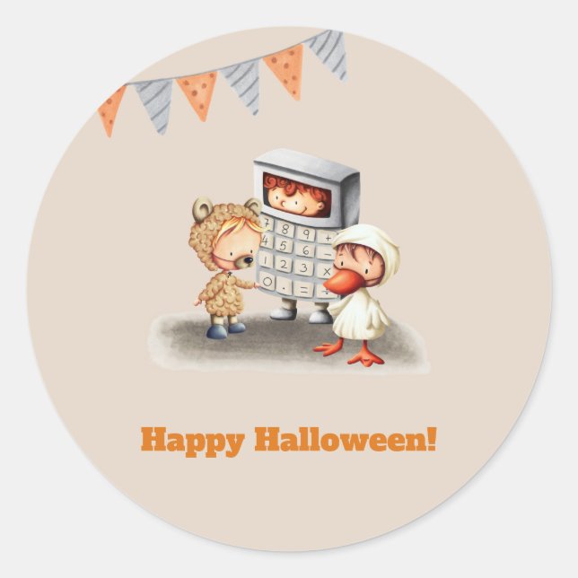Sticker Rond Joyeux Halloween avec ours, canard et enfant calcu (Devant)