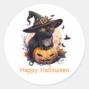 Sticker Rond Joyeux Halloween Chat noir Jack-o-Lantern