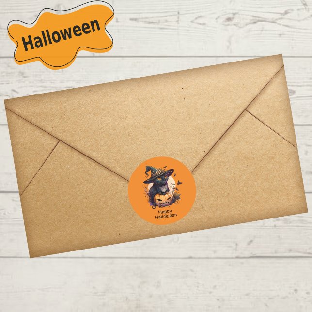 Sticker Rond Joyeux Halloween Chat noir Jack-o-Lantern Orange (Créateur téléchargé)