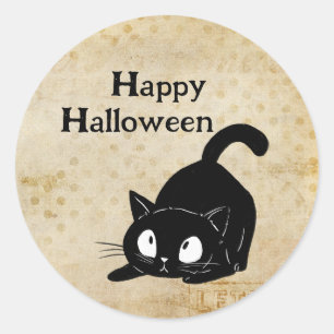 Sticker Rond Joyeux Halloween Chat Noir Vintage Effrayant
