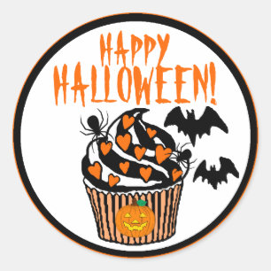 Sticker Rond Joyeux Halloween chauves-souris Cupcake