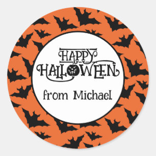 Sticker Rond Joyeux Halloween chauves-souris orange noir effray