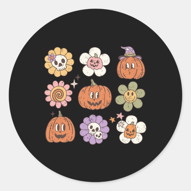 Sticker Rond Joyeux Halloween Citrouille Crâne fleur (Devant)