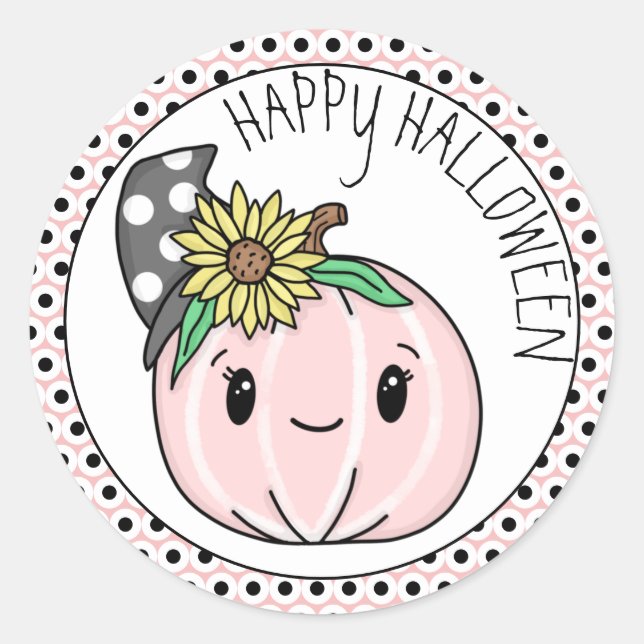 Sticker Rond Joyeux Halloween | Citrouille rose et Pois (Devant)