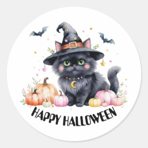 Sticker Rond Joyeux Halloween Cute Black Cat