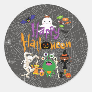 Sticker Rond Joyeux Halloween Enfants mignonnes et Éffrayants